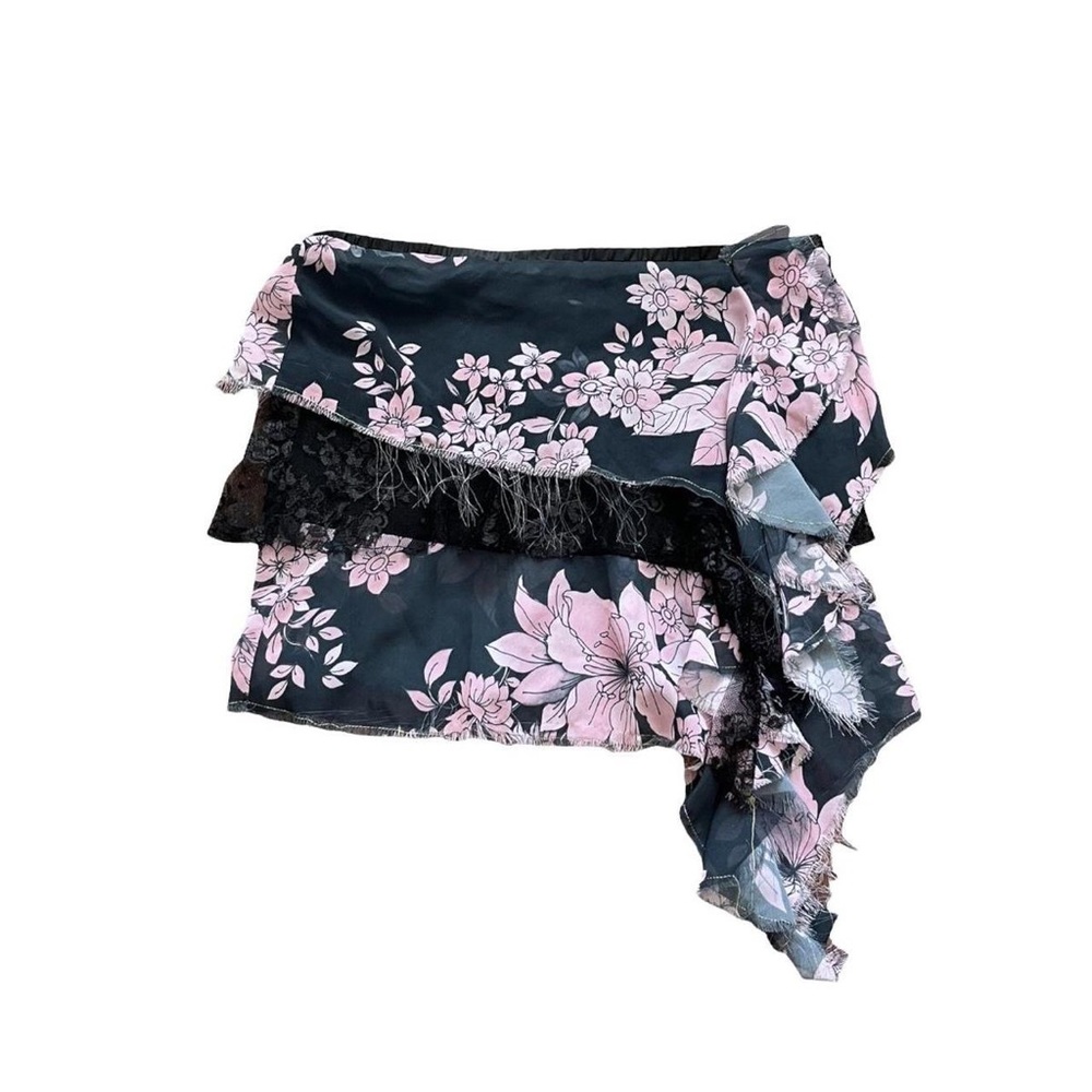 Y2K Asymmetrical Mini Skirt Floral Navy Pink Flouncy M 28 30 32